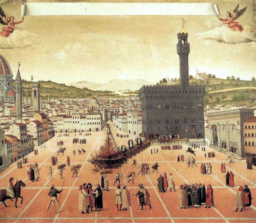 Girolamo Savonarola na stosie na Piazza della Signoria. Anonim, 1498 r. Muzeum w. Marka we Florencji.