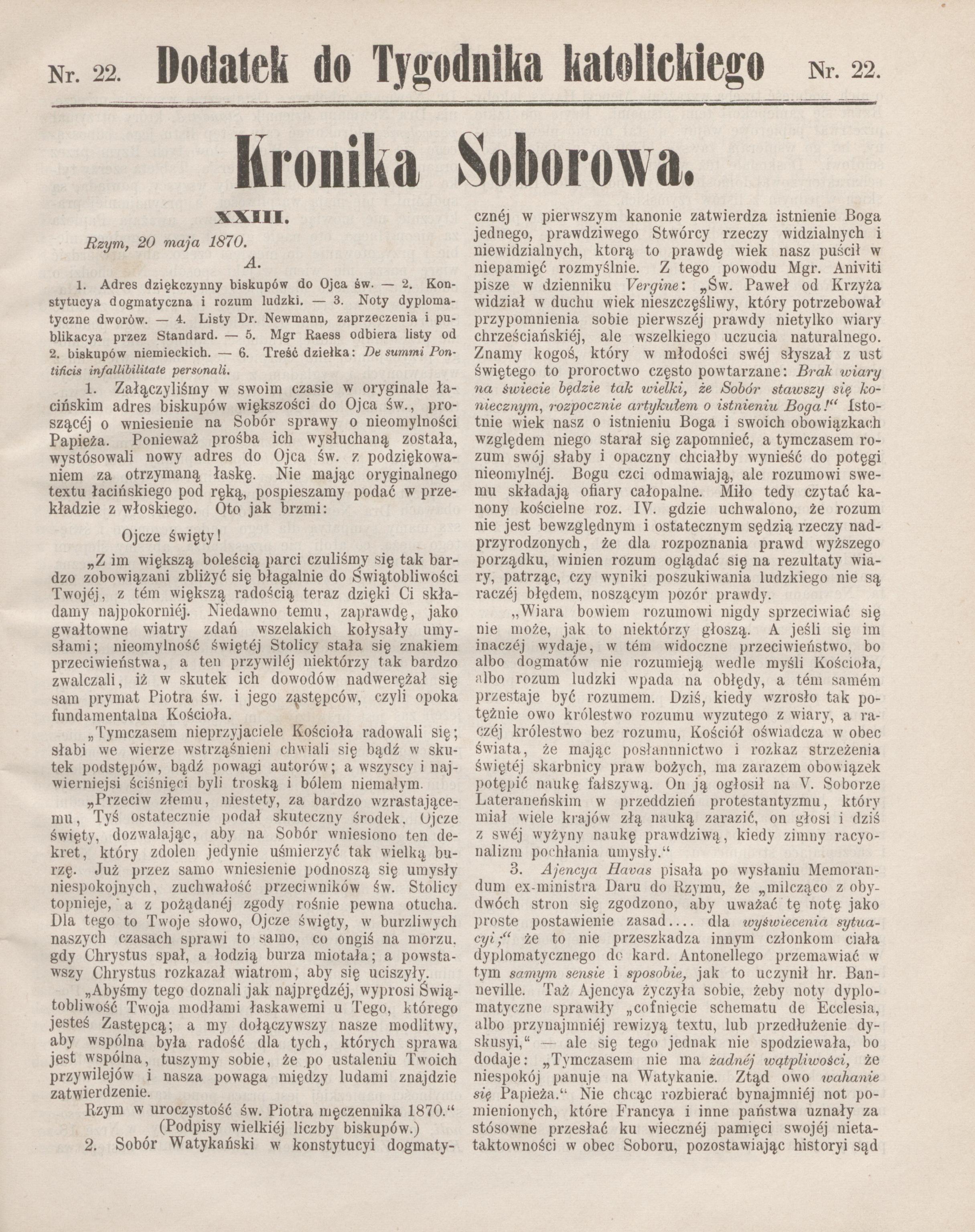 "Kronika Soborowa", XXIII. Dodatek do "Tygodnika Katolickiego", T. 11, nr 22, 3 czerwca 1870, Grodzisk.