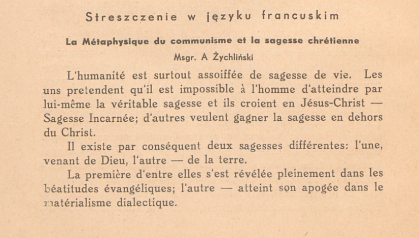 Msgr A. ychliski, La Métaphysique du communisme et la sagesse chrétienne.