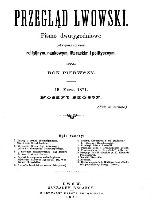 "Przegld Lwowski". Rok pierwszy. 15 marca 1871. Poszyt 6. Lwów 1871.