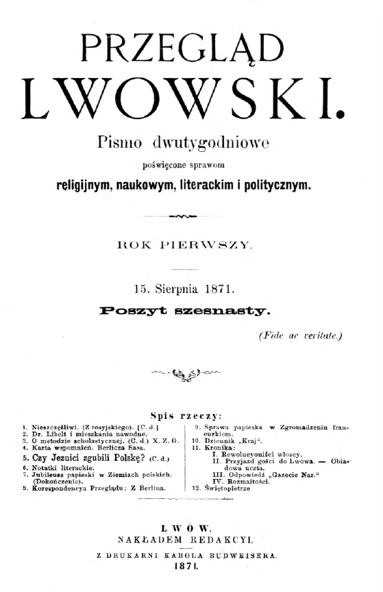 "Przegld Lwowski". Rok pierwszy. 15 sierpnia 1871. Poszyt 16. Lwów 1871.