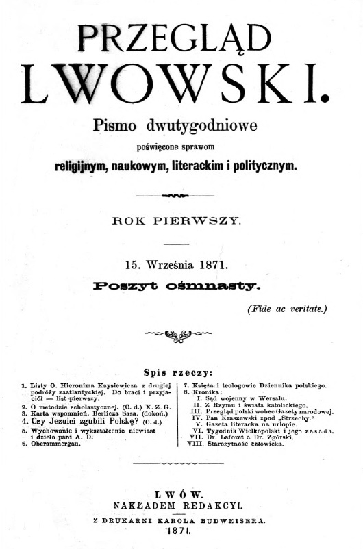 "Przegld Lwowski". Rok pierwszy. 15 wrzenia 1871. Poszyt 18. Lwów 1871.