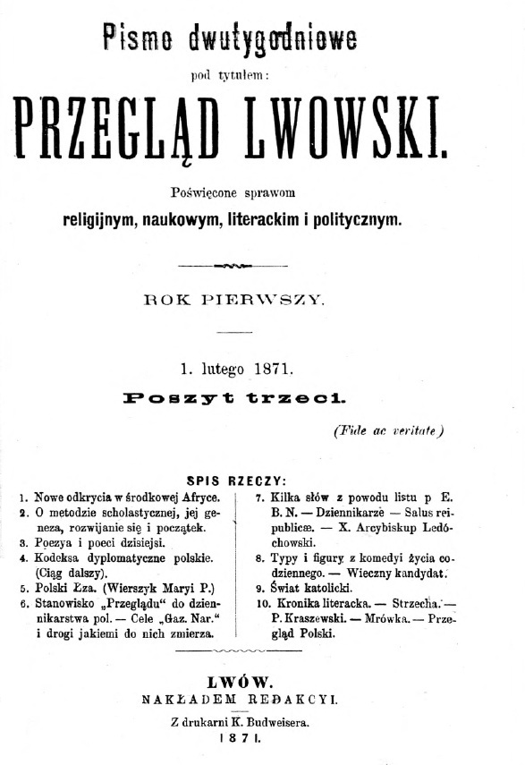 "Przegld Lwowski". Rok pierwszy, 1 lutego 1871. Poszyt 3. Lwów 1871.