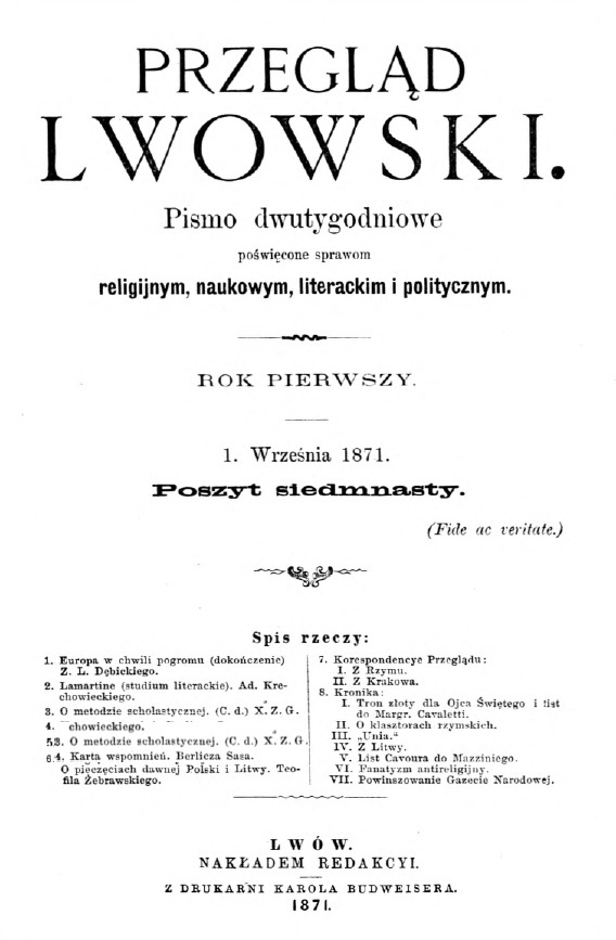 "Przegld Lwowski". Rok pierwszy. 1 wrzenia 1871. Poszyt 17. Lwów 1871.
