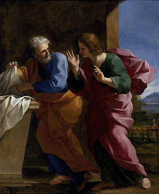 Zmartwychwstanie. Apostoowie Piotr i Jan nawiedzaj grób Paski. Giovanni Francesco Romanelli.