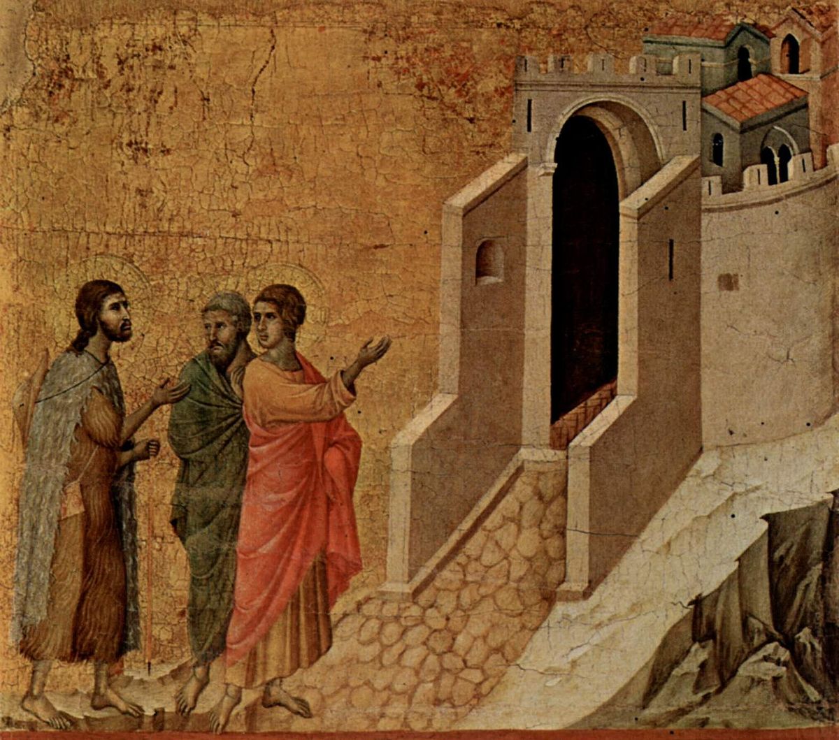 Chrystus i dwaj uczniowie w Emaus. Duccio di Buoninsegna.