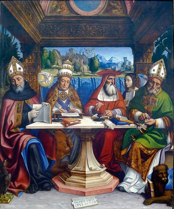 Quatuor Doctores Ecclesiae: S. Augustinus, S. Gregorius Magnus Papa, S. Hieronymus, S. Ambrosius.