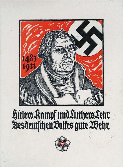 "Hitlers Kampf und Luthers Lehr des deutschen Volkes gute Wehr", nationalsozialistischens Plakat, 1933.