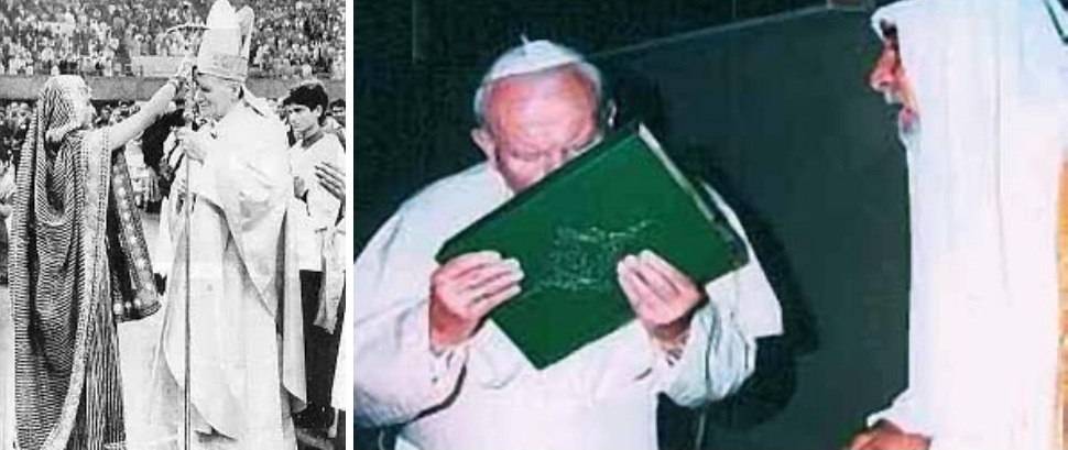 Jan Paweł II przyjmuje tilak i całuje Koran.