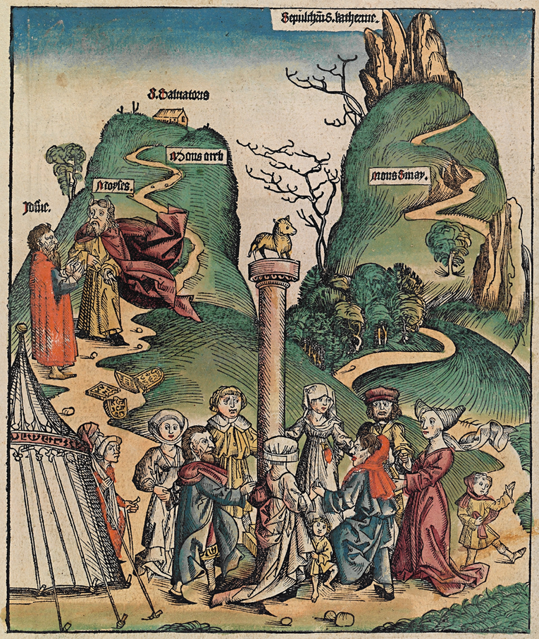 Mojżesz potępia kult złotego cielca. Kronika norymberska, 1493 r.