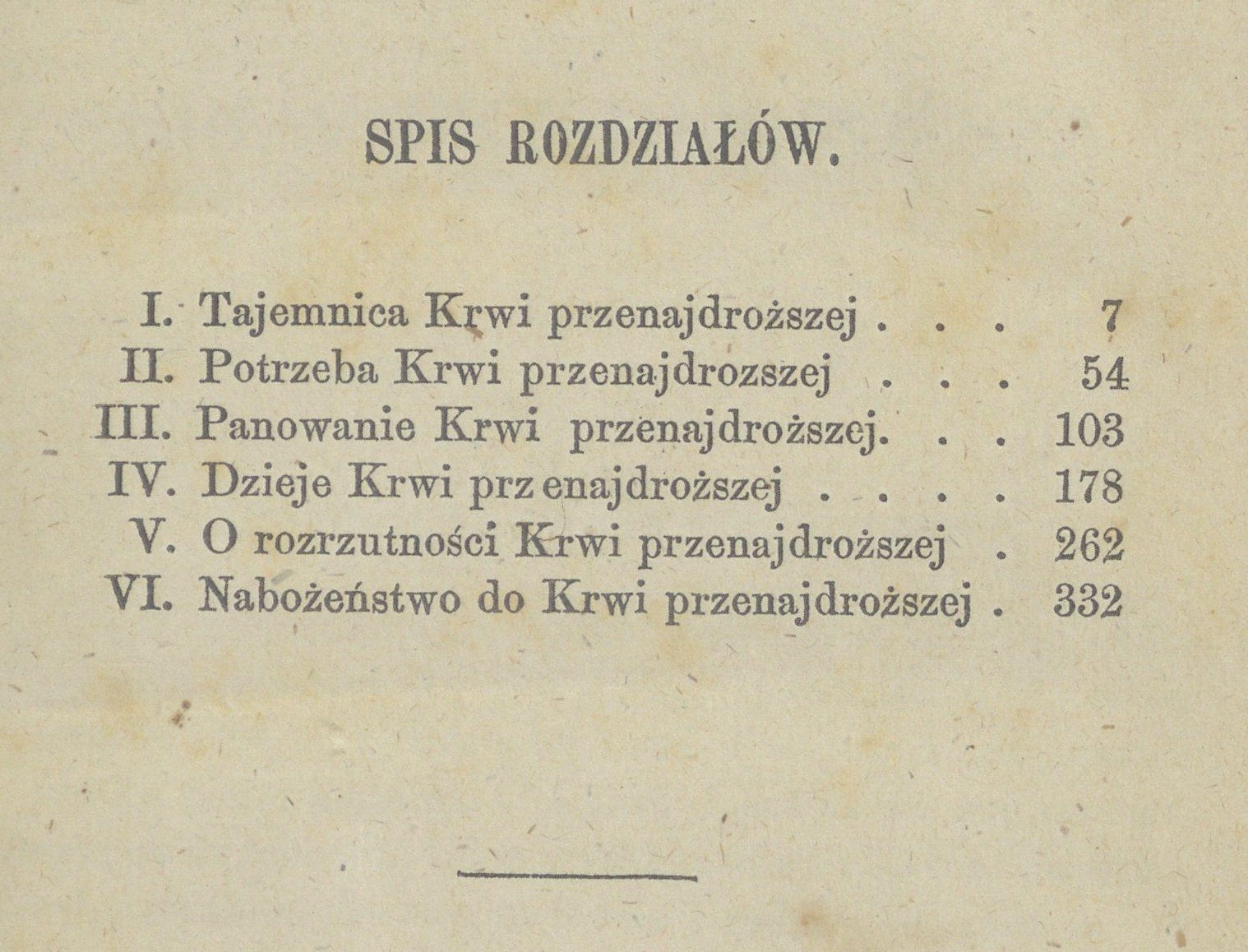 Krew Przenajdrosza czyli cena zbawienia naszego, przez F. W. Faber’a, Doktora Teologii, Kapana Oratorium -go Filipa Nereusza. Warszawa. W Drukarni Instytutu Guchoniemych i Ociemniaych. 1874. Spis rozdziaów.