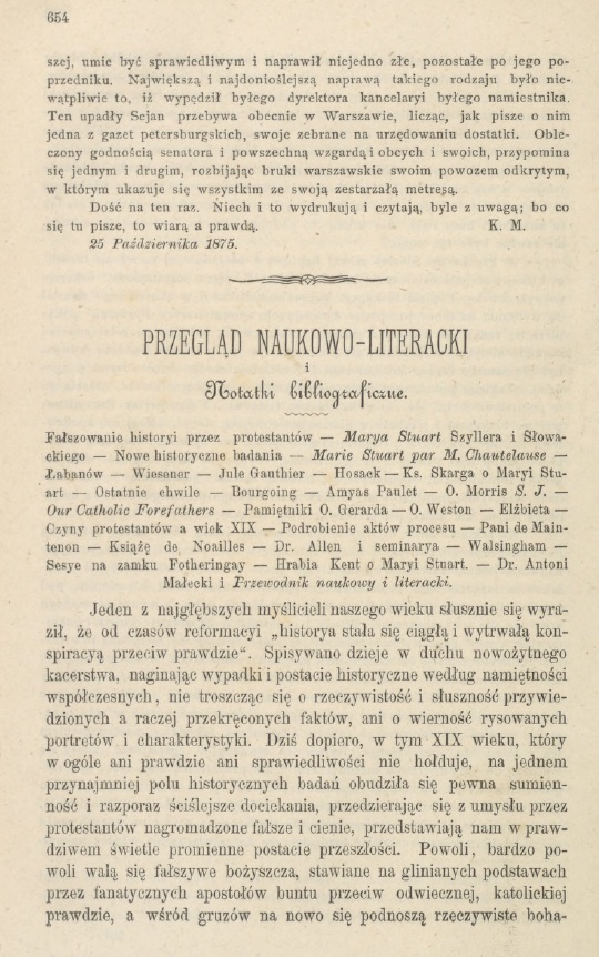 "Przegląd Lwowski", Rok V – Zeszyt 22. 15 listopada 1875 r., s. 654. (Wydawca i odpowiedzialny redaktor ks. Edward Podolski).