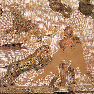 Prześladowanie chrześcijan, damnatio ad bestias. Mozaika z III wieku.