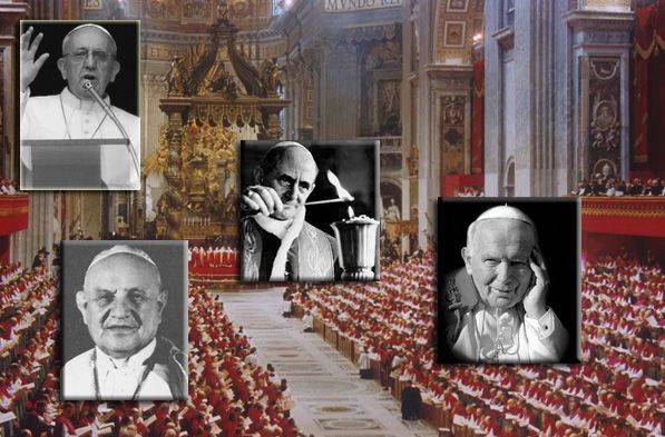 Pseudopapieże Jan XXIII, Paweł VI, Jan Paweł II, Franciszek-Bergoglio i Zbójecki Sobór Watykański II.