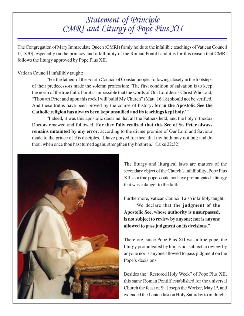 Statement of Principle CMRI and Liturgy of Pope Pius XII