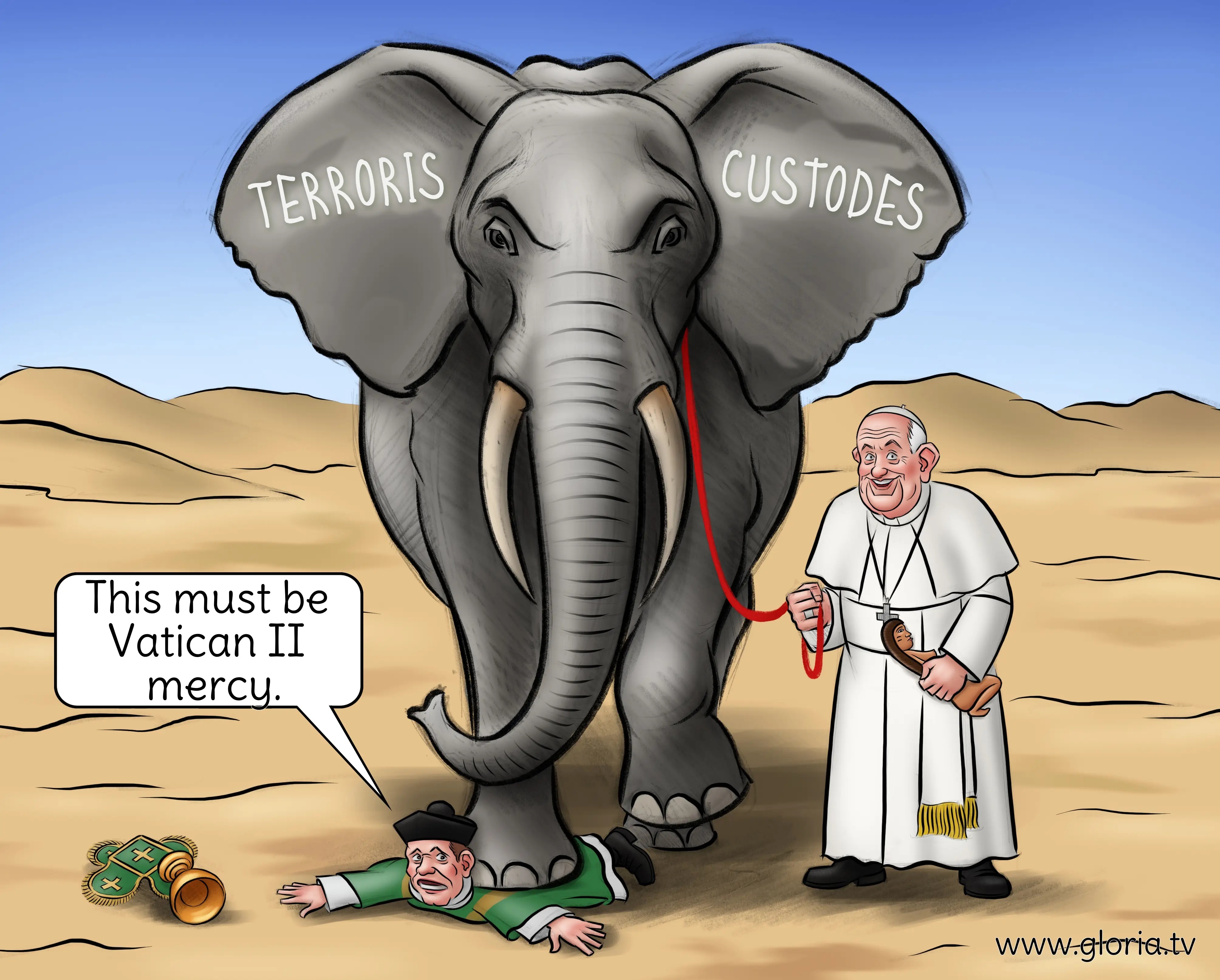 Terroris custodes. Pseudopapież Franciszek-Bergoglio tyranizuje za pomocą słonia.