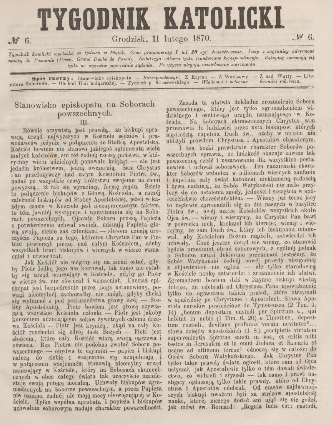 "Tygodnik Katolicki", Grodzisk, 11 lutego 1870. Nr 6.