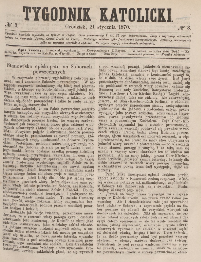 "Tygodnik Katolicki", Grodzisk, 21 stycznia 1870. Nr 3.