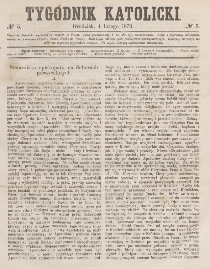 "Tygodnik Katolicki", Grodzisk, 4 lutego 1870. Nr 5.
