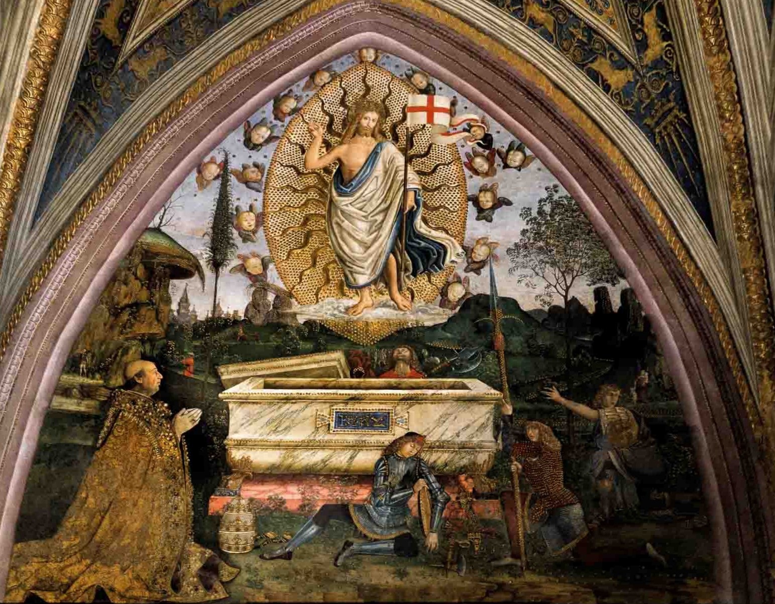 Zmartwychwstanie Pana Jezusa. Przed grobem Papież Aleksander VI (Rodrigo Borgia). Pinturicchio.