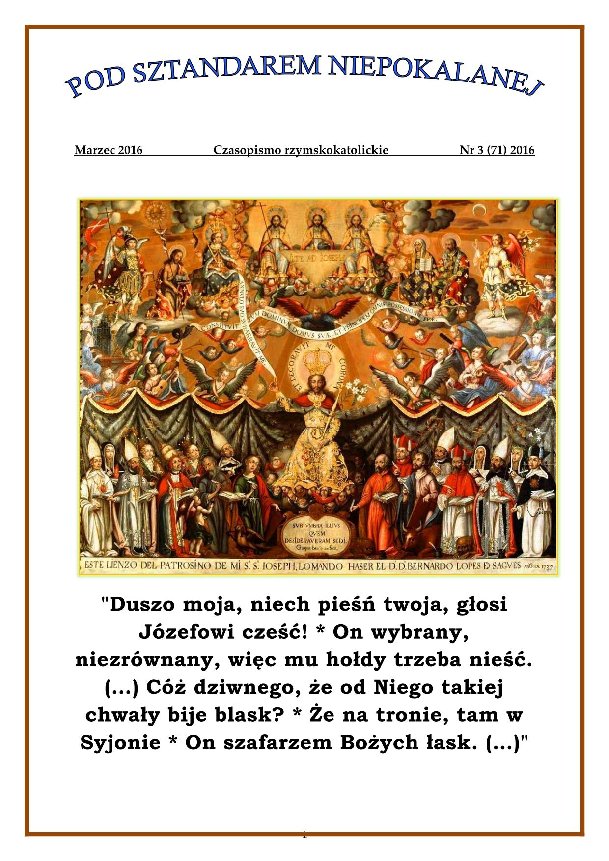 "Pod sztandarem Niepokalanej". Nr 71. Marzec 2016. Czasopismo rzymskokatolickie.