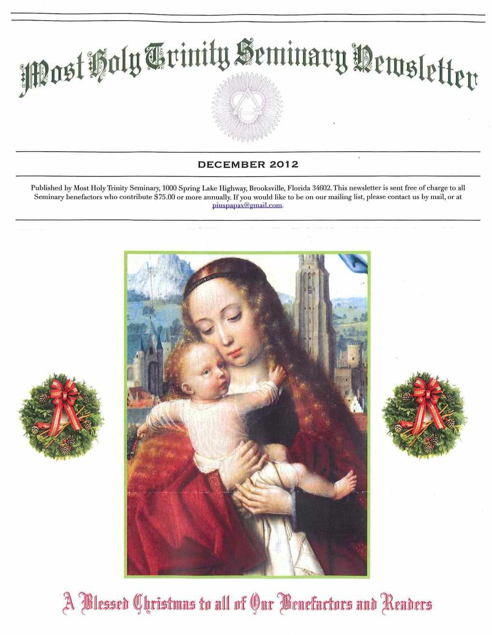 "Most Holy Trinity Seminary Newsletter", December 2012
